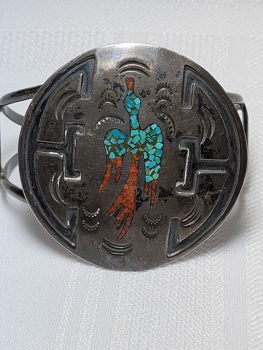Navajo Signed Turquoise & Coral Inlay Peyote Bird Cuff Bracelet Sterling